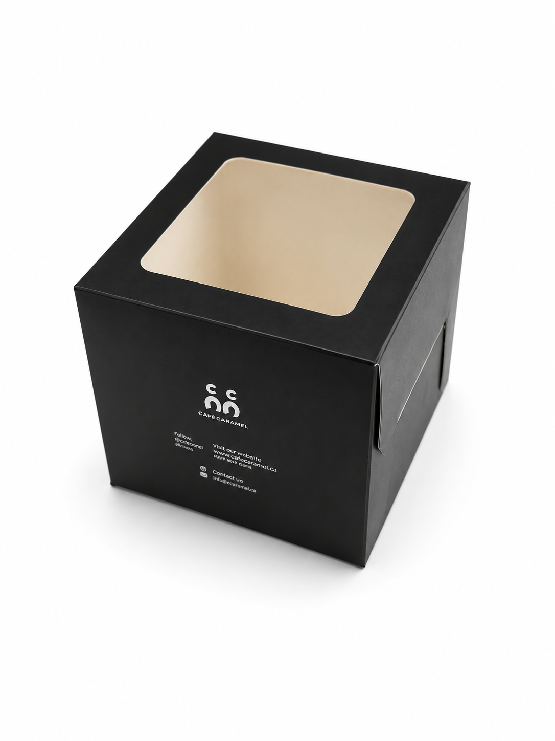 Tall black cake box with a large clear window panel in the lid